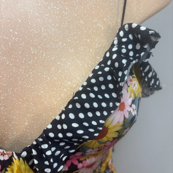 For Love & Lemons Dress Medium Mochi Shirred Ruffled V Neck Floral Polka Dot - Picture 9 of 14